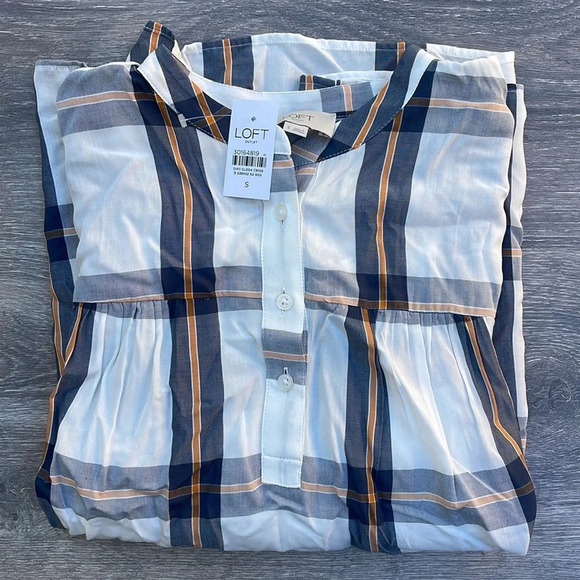 LOFT Plaid Popover Blouse, white - Picture 7 of 8